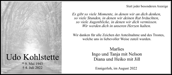 Traueranzeige von Udo Kohlstette von Die Glocke