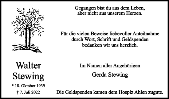 Traueranzeige von Walter Stewing von Die Glocke