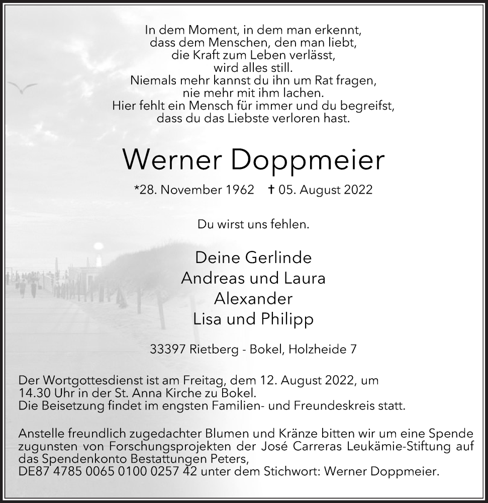  Traueranzeige für Werner Doppmeier vom 09.08.2022 aus Die Glocke
