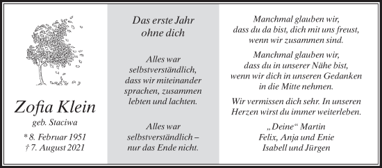 Traueranzeige von Zofia Klein von Die Glocke