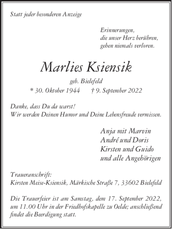 Traueranzeige von Marlies Ksiensik von Die Glocke