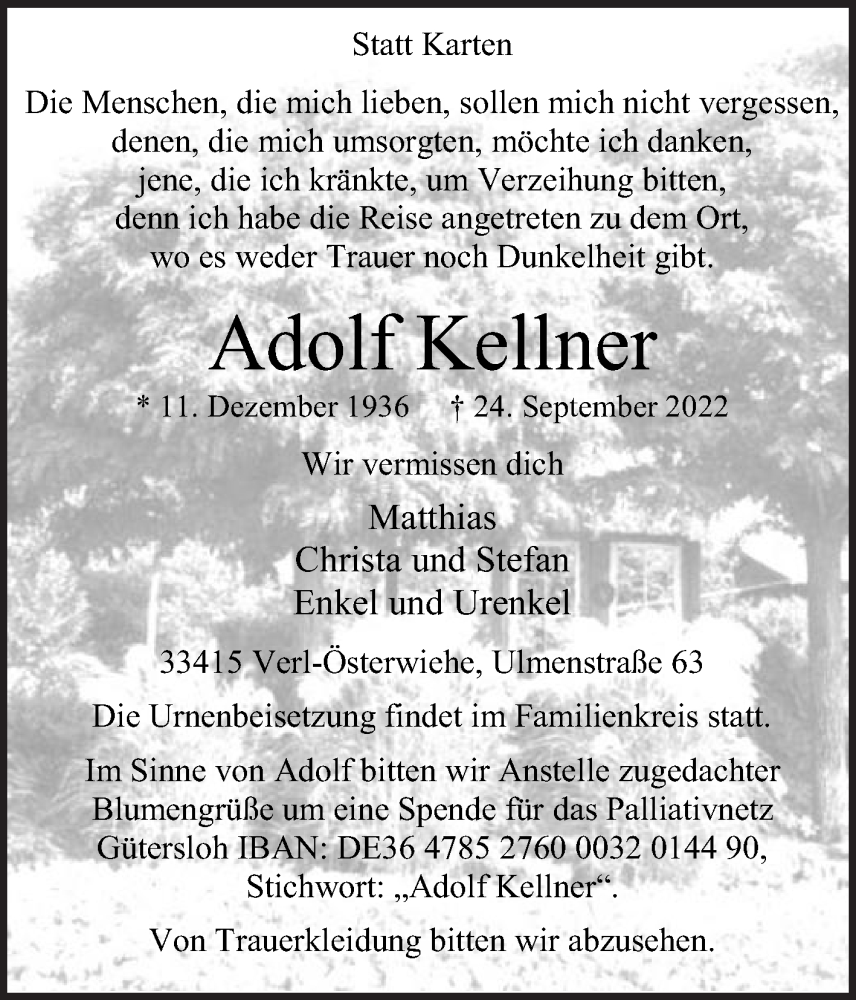  Traueranzeige für Adolf Kellner vom 27.09.2022 aus Die Glocke