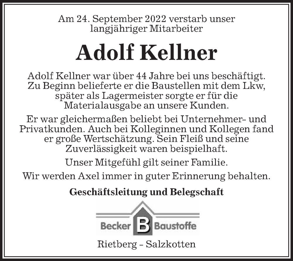 Traueranzeige für Adolf Kellner vom 28.09.2022 aus Die Glocke