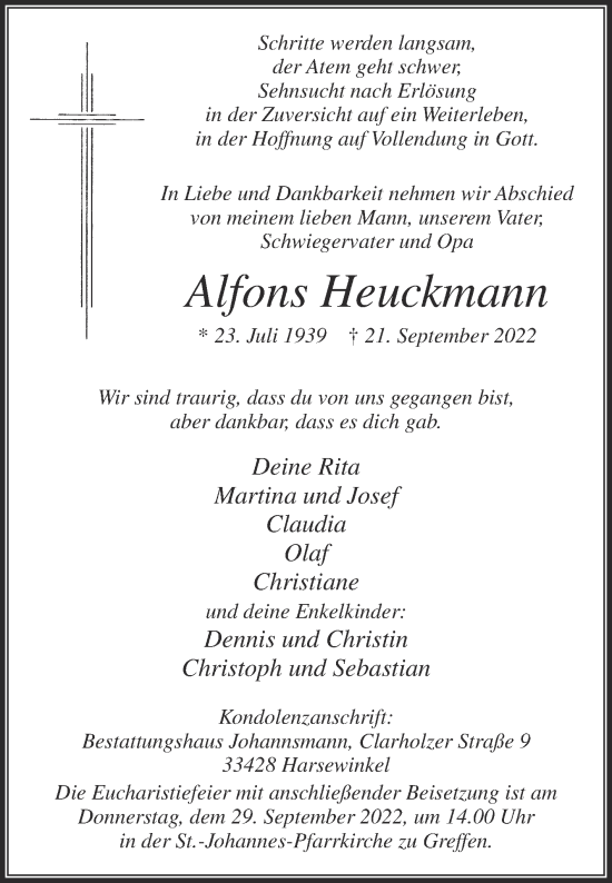 Traueranzeige von Alfons Heuckmann von Die Glocke