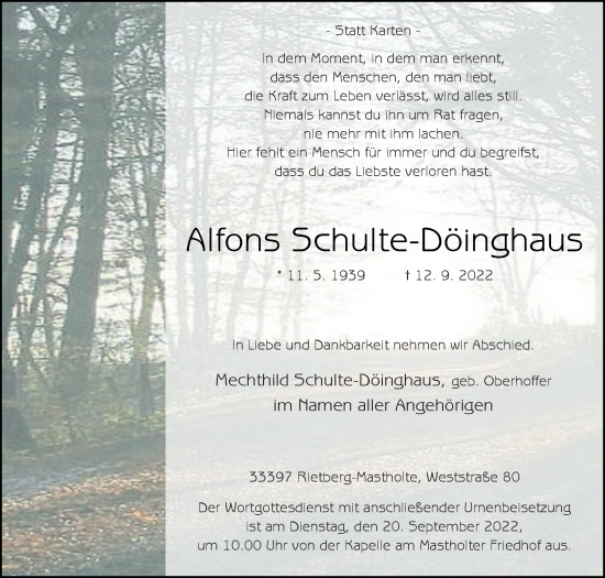 Traueranzeige von Alfons Schulte-Döinghaus von Die Glocke