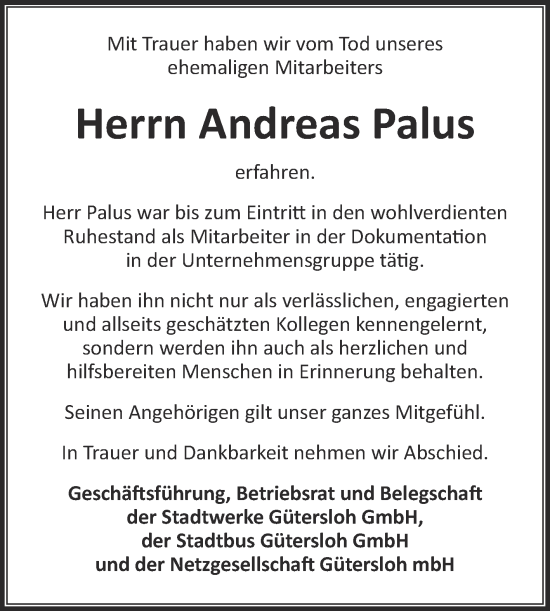 Traueranzeige von Andreas Palus von Die Glocke