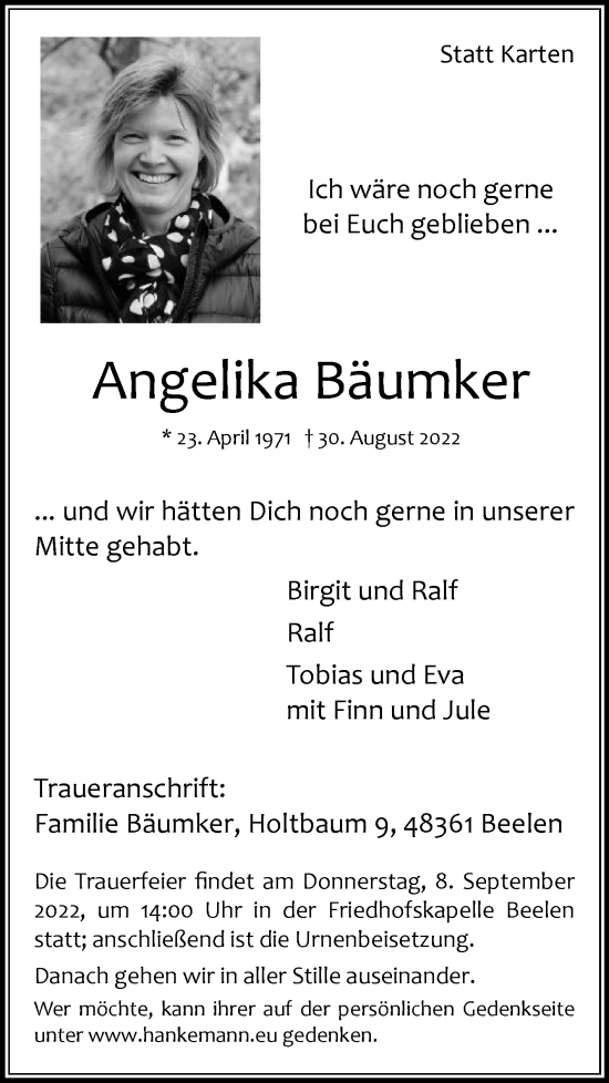 Traueranzeige von Angelika Bäumker von Die Glocke