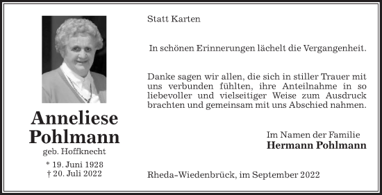 Traueranzeige von Anneliese Pohlmann von Die Glocke