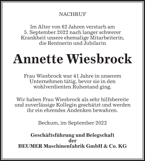 Traueranzeige von Annette Wiesbrock von Die Glocke