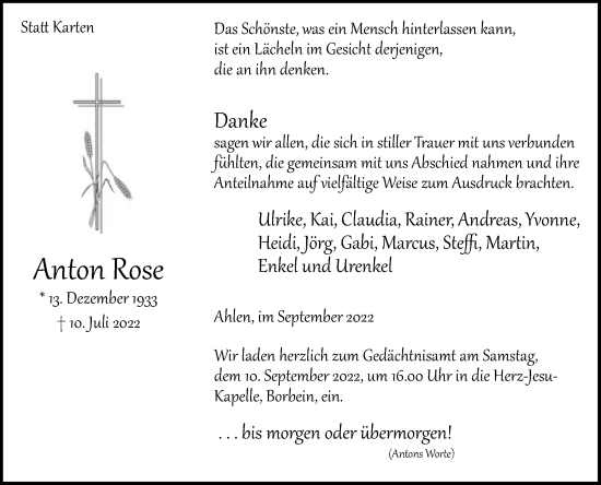 Traueranzeige von Anton Rose von Die Glocke
