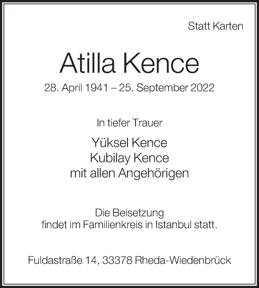  Traueranzeige für Atilla Kence vom 27.09.2022 aus Die Glocke