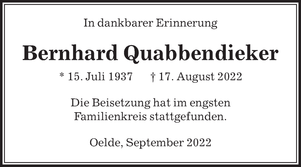  Traueranzeige für Bernhard Quabbendieker vom 17.09.2022 aus Die Glocke