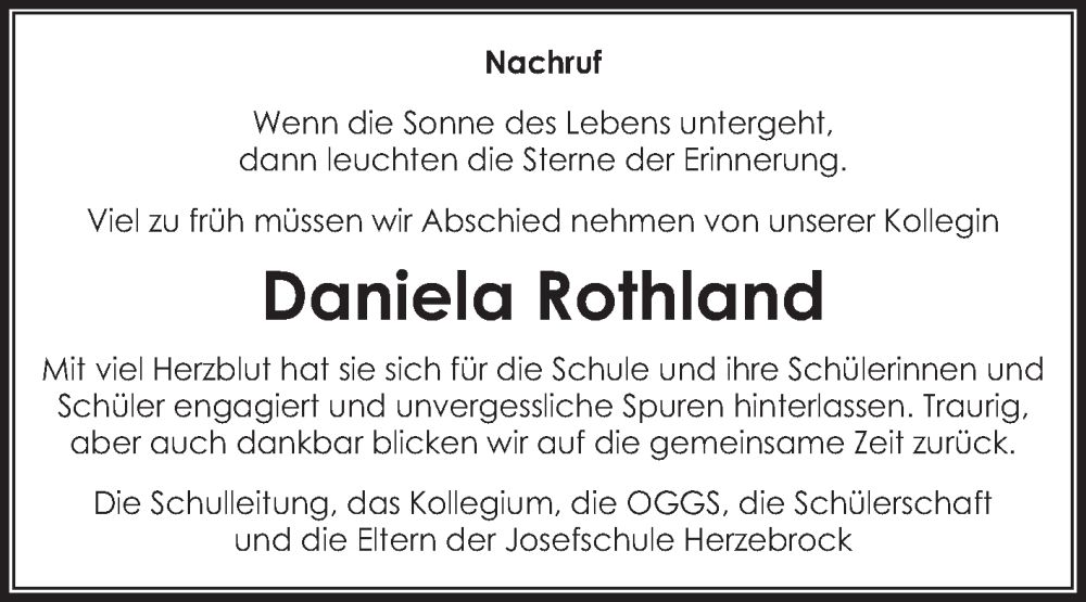  Traueranzeige für Daniela Rothland vom 03.09.2022 aus Die Glocke