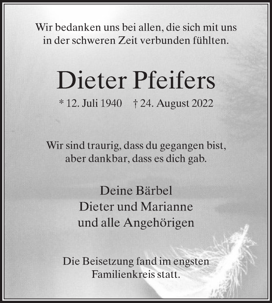  Traueranzeige für Dieter Pfeifers vom 24.09.2022 aus Die Glocke