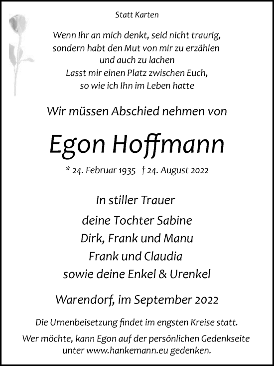 Traueranzeige von Egon Hoffmann von Die Glocke