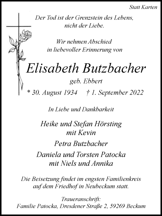 Traueranzeige von Elisabeth Butzbacher von Die Glocke