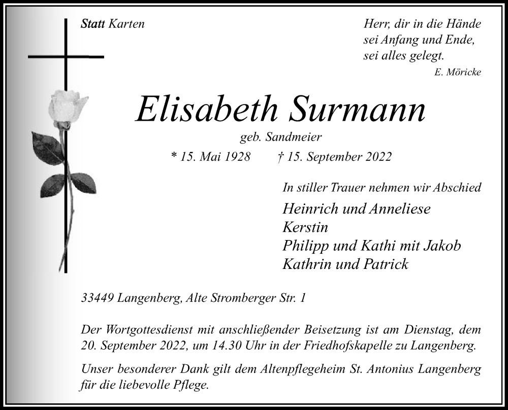  Traueranzeige für Elisabeth Surmann vom 17.09.2022 aus Die Glocke
