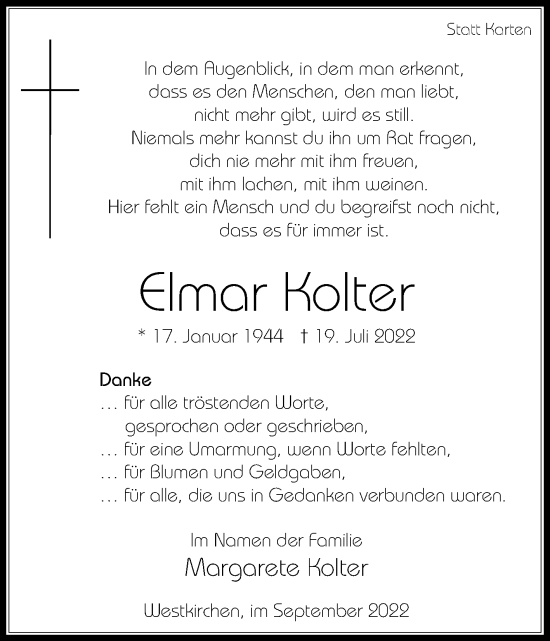 Traueranzeige von Elmar Kolter von Die Glocke