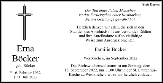 Traueranzeige von Erna Böcker von Die Glocke