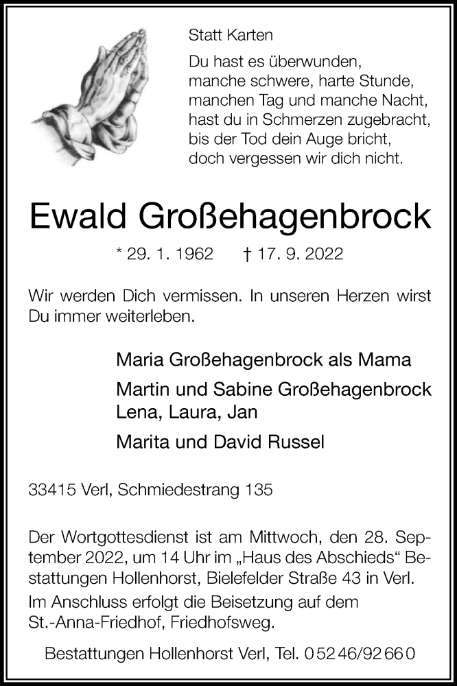  Traueranzeige für Ewald Großehagenbrock vom 23.09.2022 aus Die Glocke