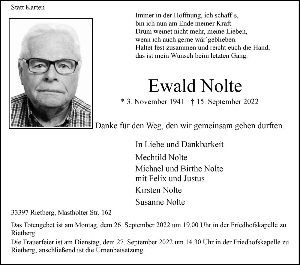  Traueranzeige für Ewald Nolte vom 22.09.2022 aus Die Glocke