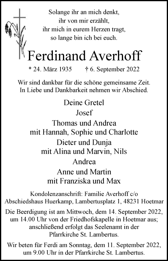 Traueranzeige von Ferdinand Averhoff von Die Glocke