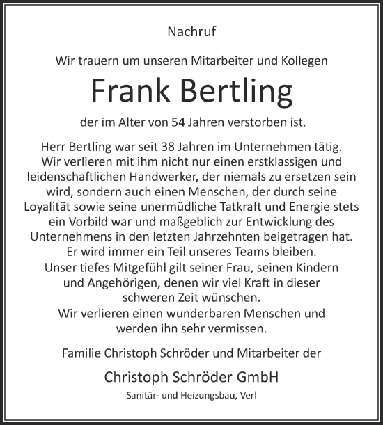 Traueranzeige von Frank Bertling von Die Glocke