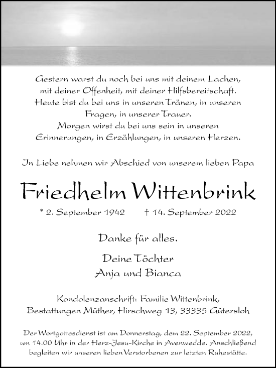 Traueranzeige von Friedhelm Wittenbrink von Die Glocke