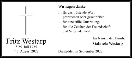 Traueranzeige von Fritz Westarp von Die Glocke