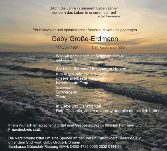 Traueranzeige von Gaby Große-Erdmann von Die Glocke