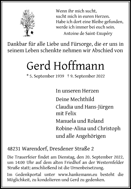 Traueranzeige von Gerd Hoffmann von Die Glocke