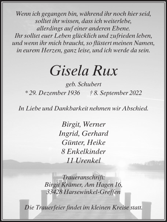 Traueranzeige von Gisela Rux von Die Glocke