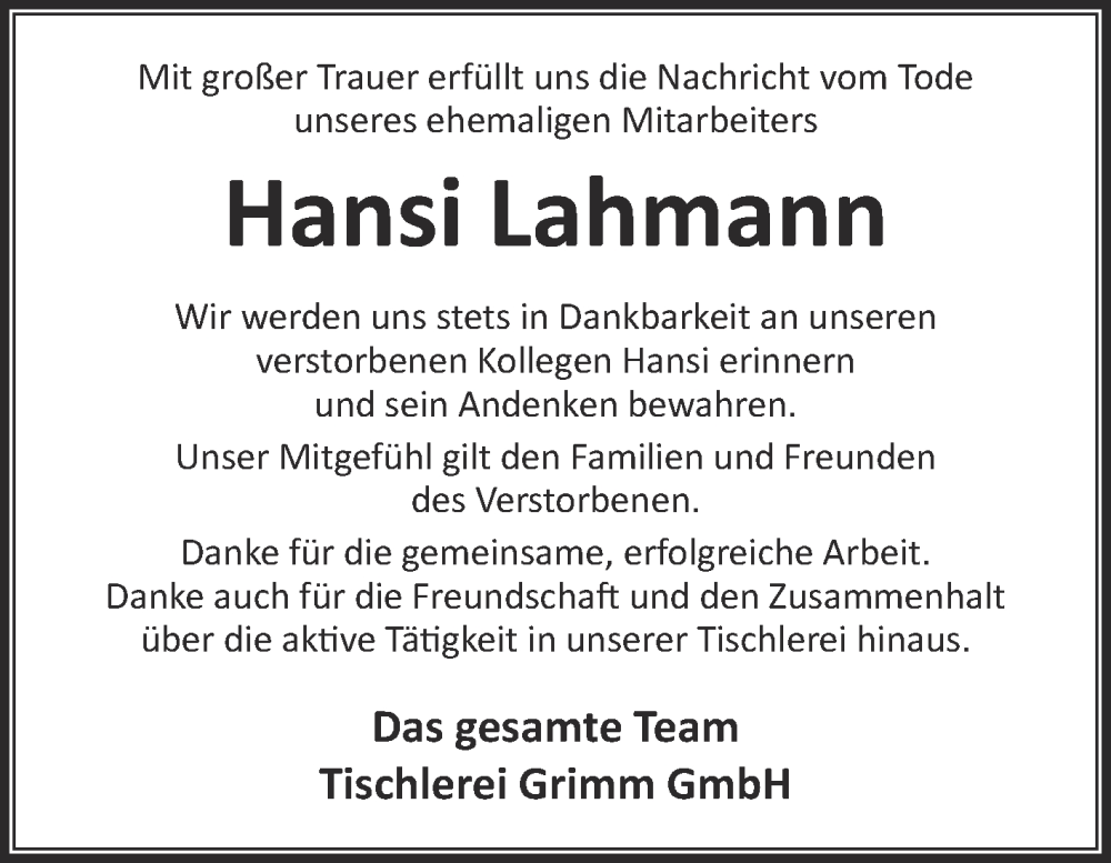  Traueranzeige für Hansi Lahmann vom 24.09.2022 aus Die Glocke