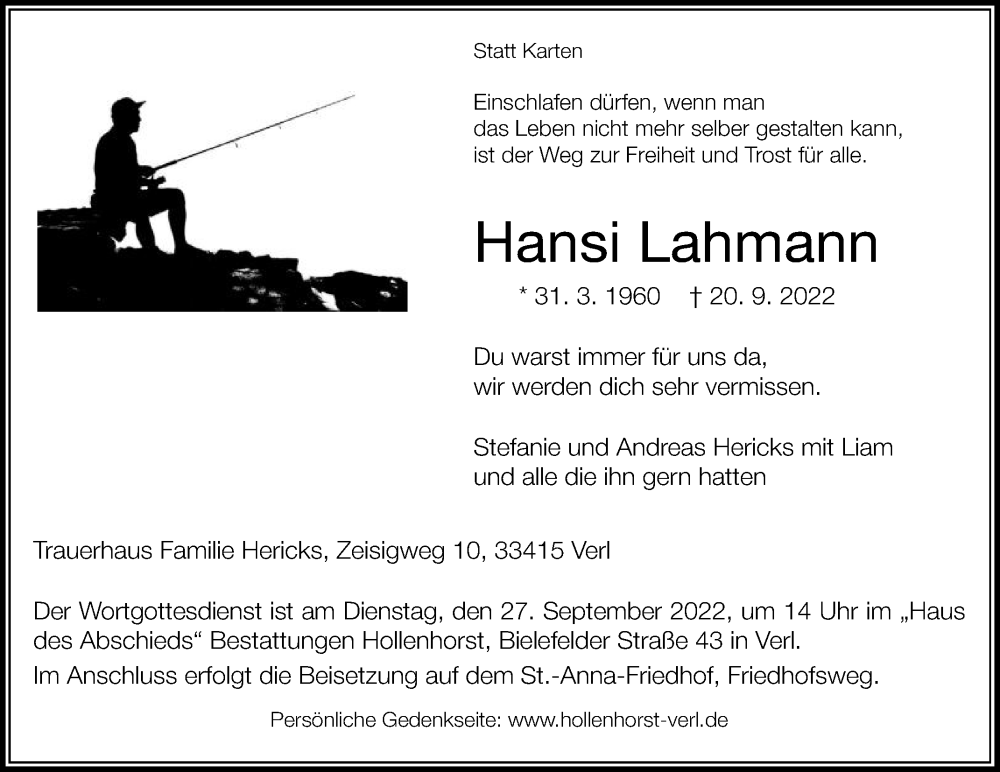  Traueranzeige für Hansi Lahmann vom 22.09.2022 aus Die Glocke