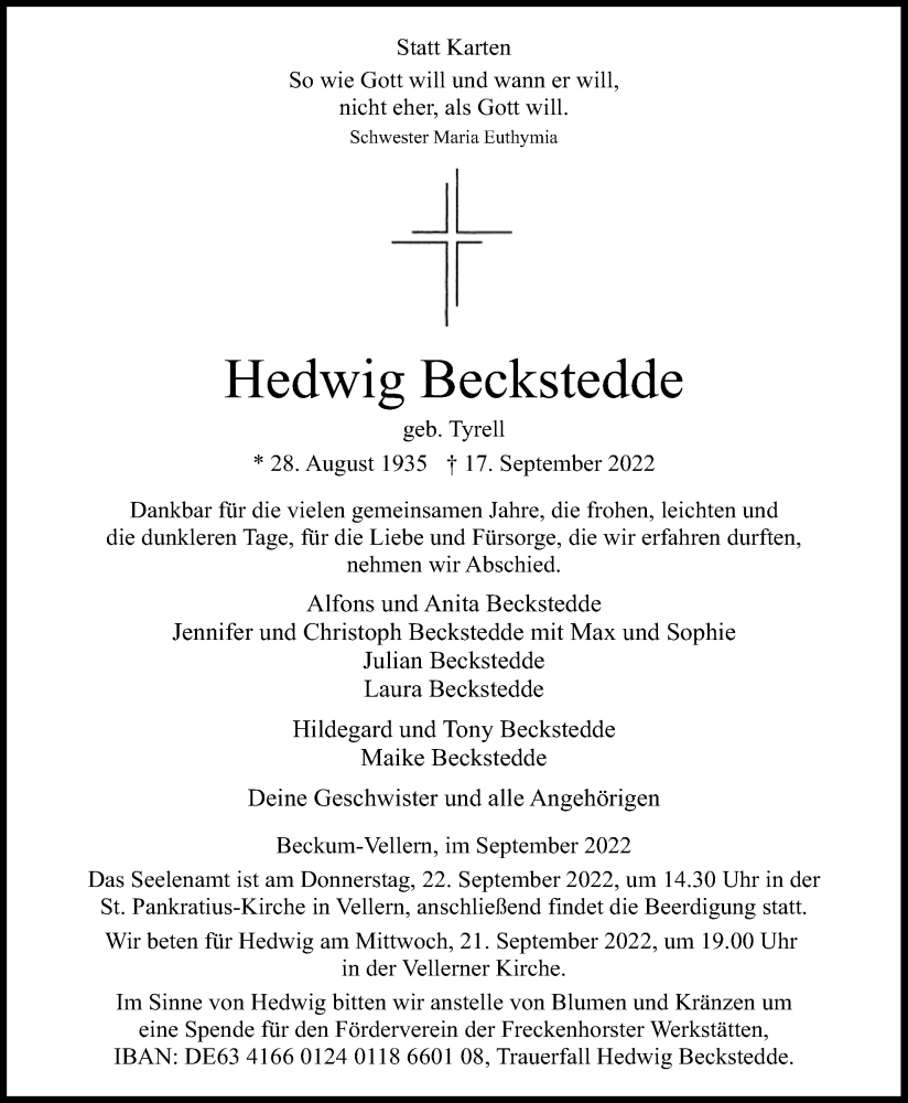  Traueranzeige für Hedwig Beckstedde vom 20.09.2022 aus Die Glocke