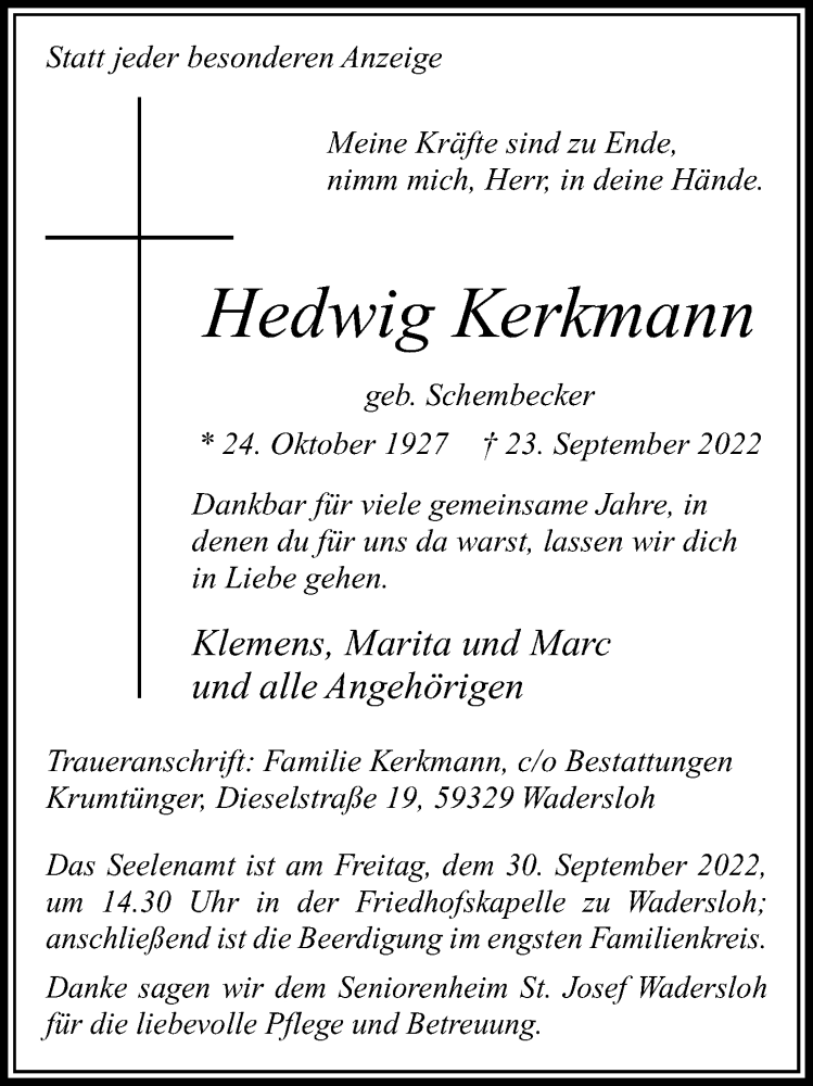  Traueranzeige für Hedwig Kerkmann vom 28.09.2022 aus Die Glocke