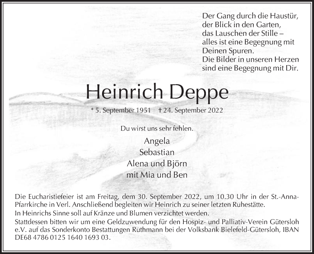  Traueranzeige für Heinrich Deppe vom 28.09.2022 aus Die Glocke