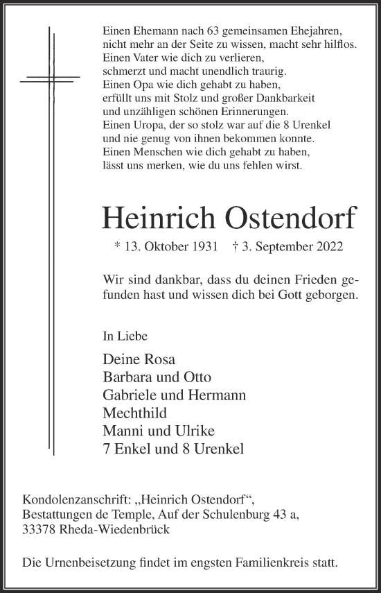 Traueranzeigen von Heinrich Ostendorf trauer.dieglocke.de