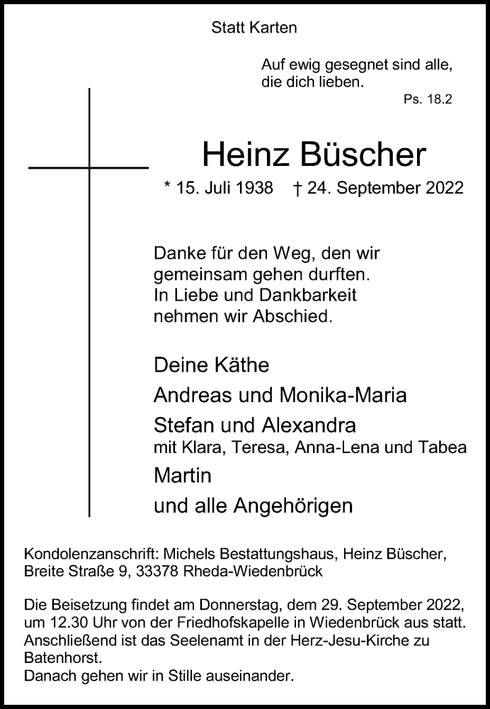  Traueranzeige für Heinz Büscher vom 27.09.2022 aus Die Glocke