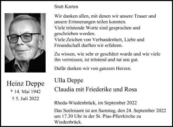 Traueranzeige von Heinz Deppe von Die Glocke