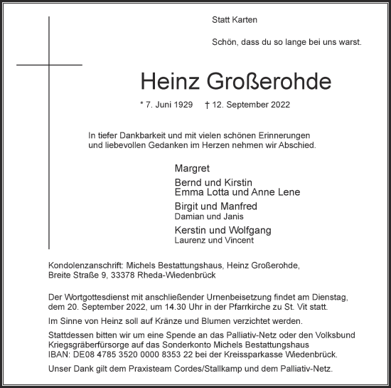 Traueranzeige von Heinz Großerohde von Die Glocke