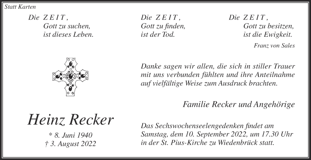  Traueranzeige für Heinz Recker vom 03.09.2022 aus Die Glocke