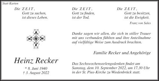 Traueranzeige von Heinz Recker von Die Glocke