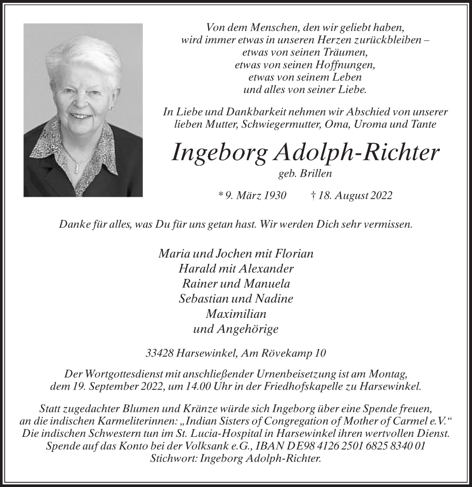  Traueranzeige für Ingeborg Adolph-Richter vom 10.09.2022 aus Die Glocke