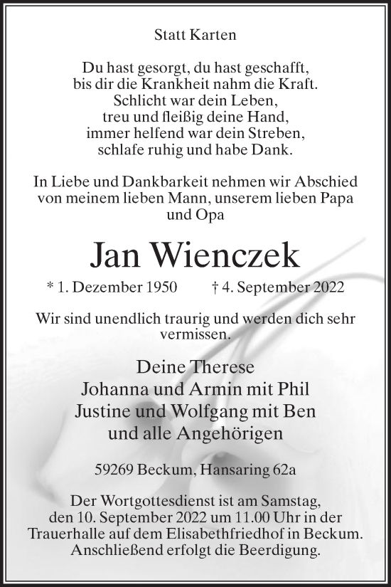 Traueranzeige von Jan Wienczek von Die Glocke