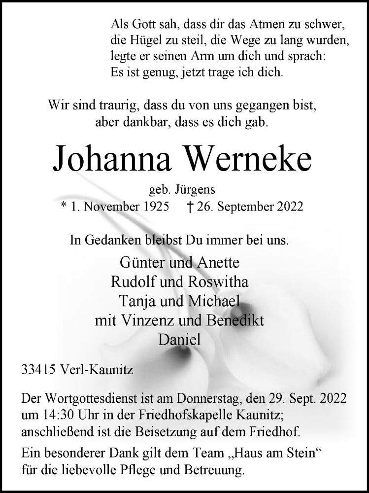  Traueranzeige für Johanna Werneke vom 27.09.2022 aus Die Glocke