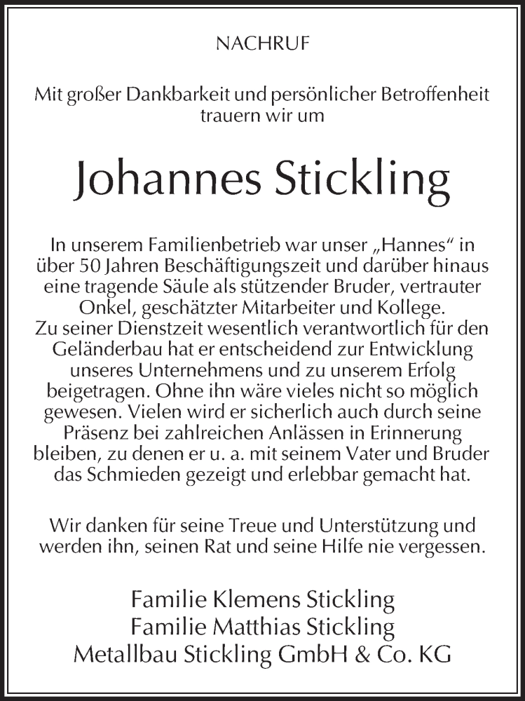  Traueranzeige für Johannes Stickling vom 16.09.2022 aus Die Glocke