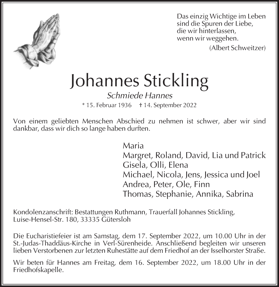  Traueranzeige für Johannes Stickling vom 16.09.2022 aus Die Glocke