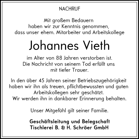 Traueranzeige von Johannes Vieth von Die Glocke