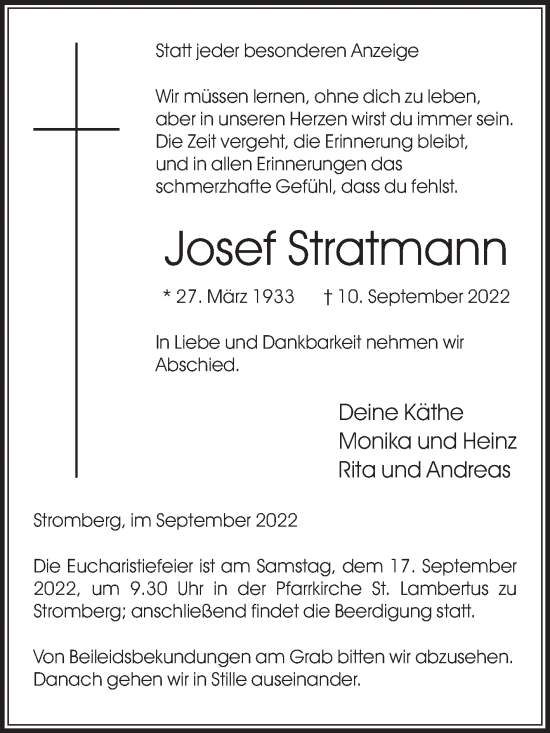 Traueranzeige von Josef Stratmann von Die Glocke